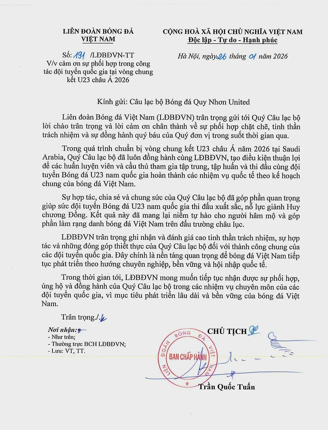 VFF gui thu cam on clb quy nhon united u23 viet nam (1)