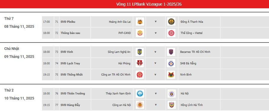 lich thi dau vong 11 v league